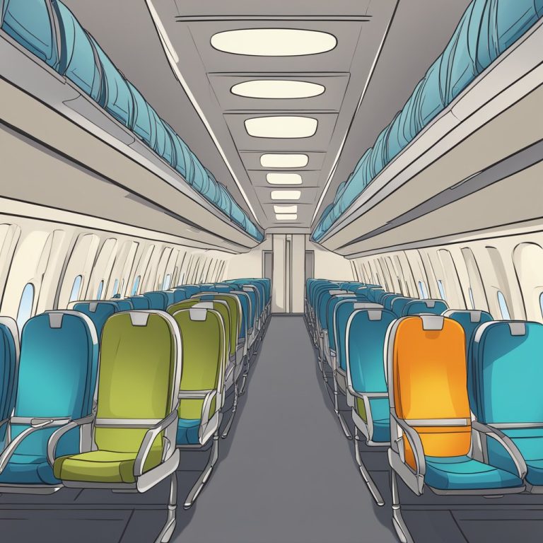 an image of the inside of an airplane with a narrow aisle