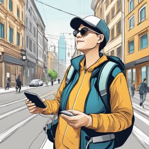 An image of a person with impaired vision on a city street with a smartphone.