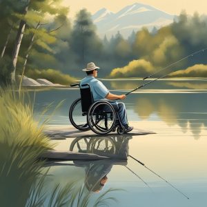 An image of a fisherman in a wheelchair beside a lake