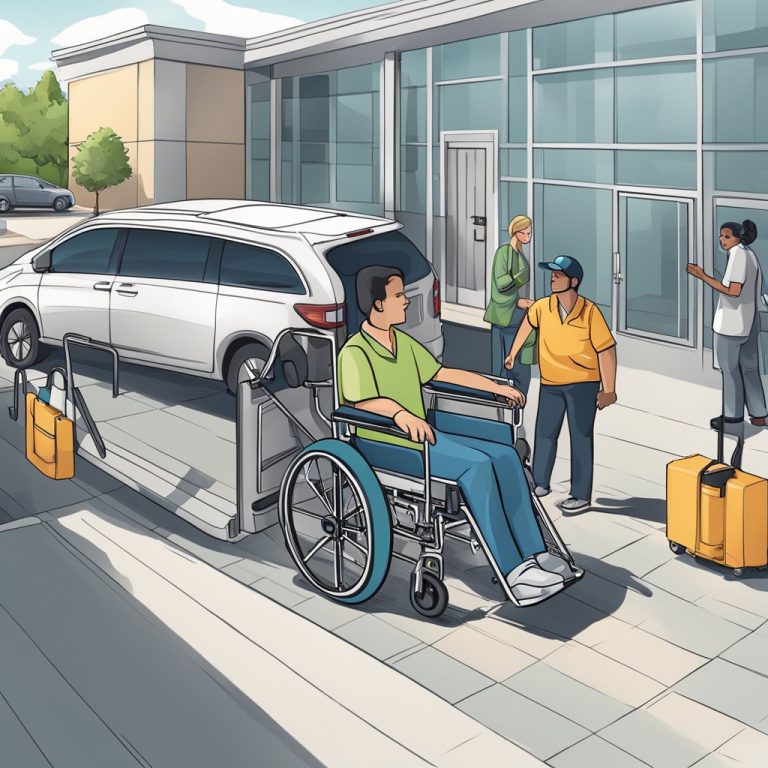 an image of a person in a wheelchair outside a doctor's office with attending personal helping