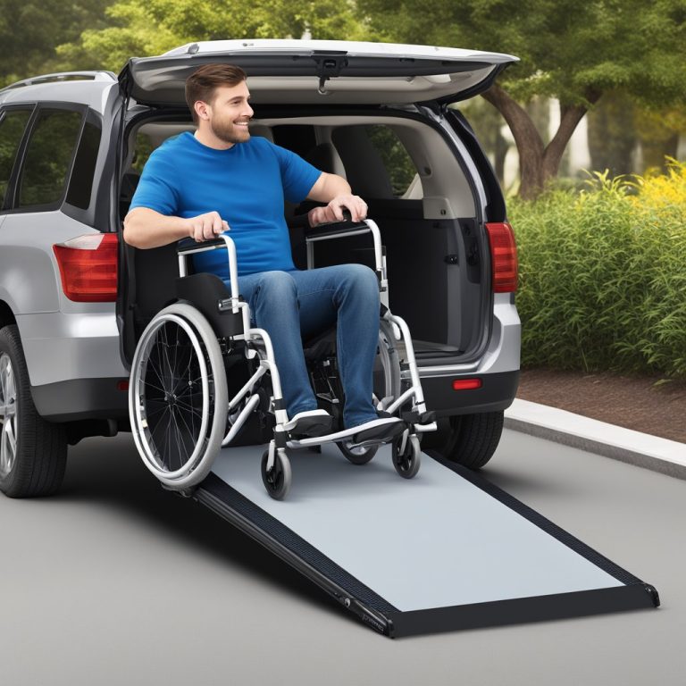 An image of a man in a wheelchair using a ramp to exit the back of a vehicle.
