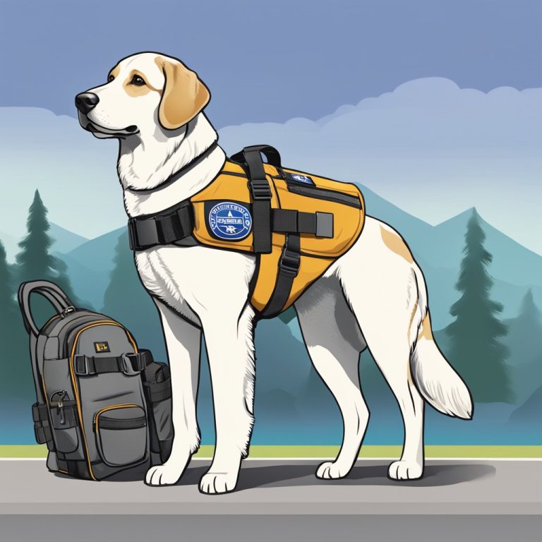 An image of a service dog in a travel destination with essential gear.